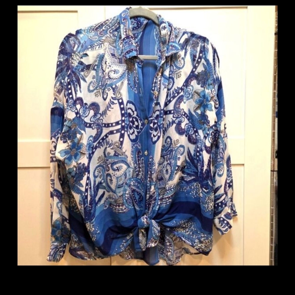 Rene Derhy Blue & White Floral Paisley Sheer Boho Chic Womens Blouse Oversized S